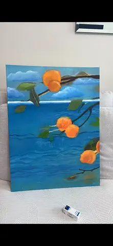 Hand-painted floral seascape canvas painting - oranges on branches
