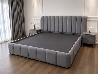 Modern Grey Upholstered King Bed Frame with Padded Headboard