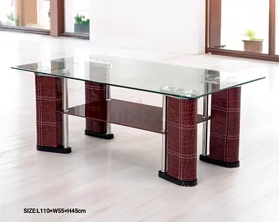 Glass Top Coffee Table with Brown Faux Leather Legs - L110 x W55 x H45 cm