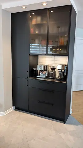 Modern matte black kitchen cabinet with glass upper doors — Custom made