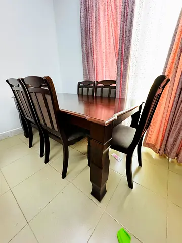 Solid Wood 6-Seater Dining Table with Chairs - Dark Brown