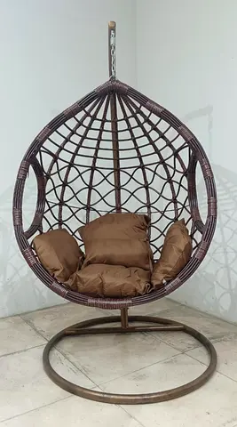 Brown Rattan Hanging Egg Chair with Stand and Cushions