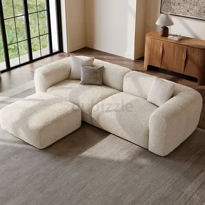 3-seater Curved Boucle Sofa with Ottoman - Cream, Modern Design