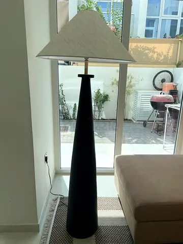 Tall black floor lamp with round fabric shade - good condition