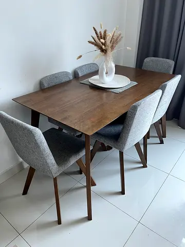 Wooden dining table with 6 upholstered chairs -modern Home Centre Sanders set (Moving Out Sale)