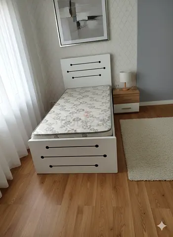 Single White Wooden Bed with Mattress and Drawer