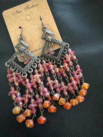 Handmade boho beaded chandelier earrings — pink/orange beads