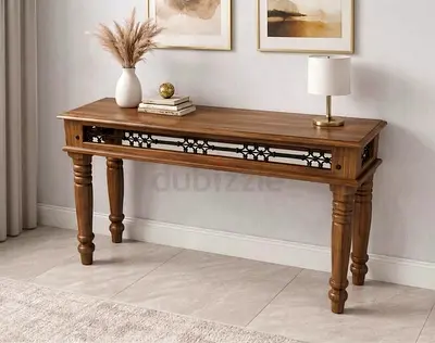Solid Wood Console Table with Decorative Metal Inlay -