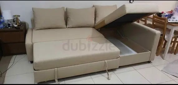 Beige L-shape Storage Sofa Bed with Pull-out bed - Good Condition