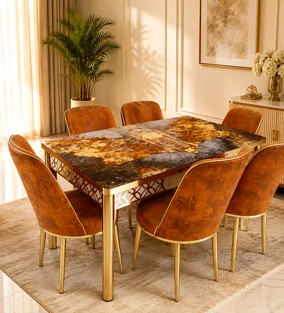 Dining table set with 6 upholstered chairs — marble-look top, gold frame