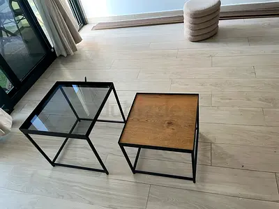 Set of 2 Modern Nesting Side Tables – Glass & Wood Tops, Black Metal Frame