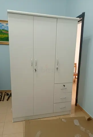 White 3-Door Wardrobe with Drawers —