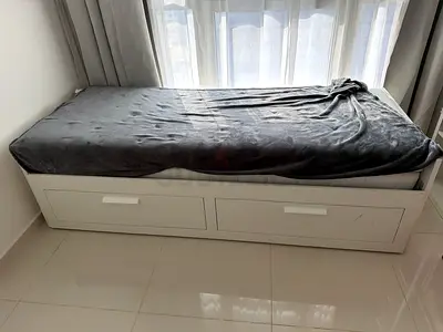 IKEA White bed with under-bed storage drawers - good condition with mattress
