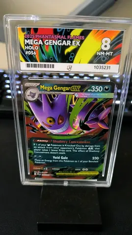 2025 Phantasmal Flames Mega Gengar EX Holo #056 — Ace Graded 8 (NM-MT) Pokémon card.