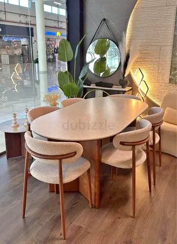Modern oval dining table with 6 upholstered chairs - set