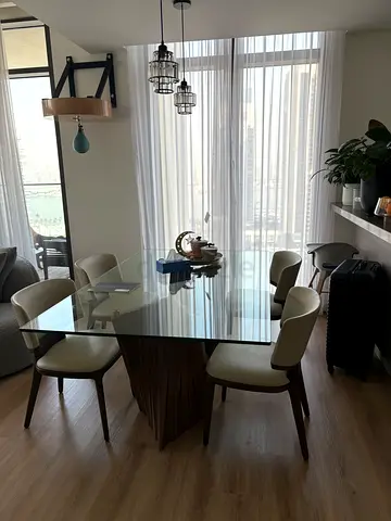 Glass Top Dining Table with 6 Upholstered Chairs - Good Condition chat me in whatsapp