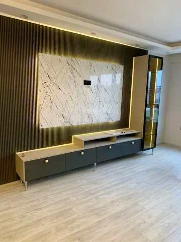 Modern TV Entertainment Unit with Display Cabinet - Grey & Beige