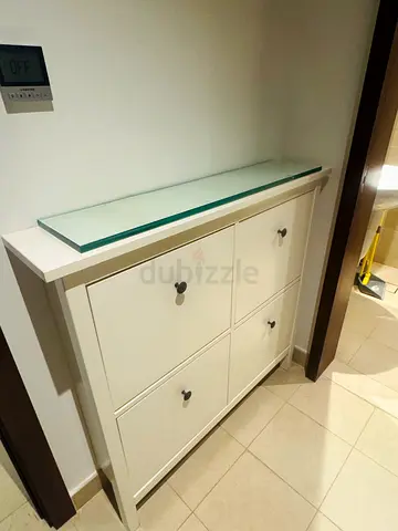 Slim white shoe cabinet with glass top - good condition