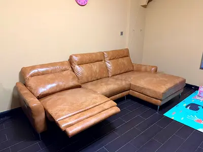 Genuine leather L-shaped reclining sofa - tan, good condition