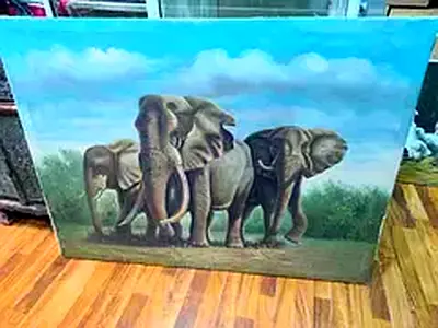 Three Elephants Oil Painting on Canvas - Framed Artwork-122x94cm