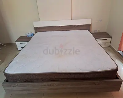 King bed frame with mattress and matching bedside tables - excellent condition