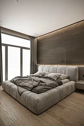 Modern low-profile upholstered king bed with padded headboard - light grey