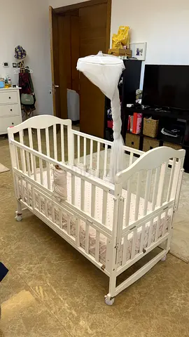 White Wooden Baby Crib with Bedding - Good Condition