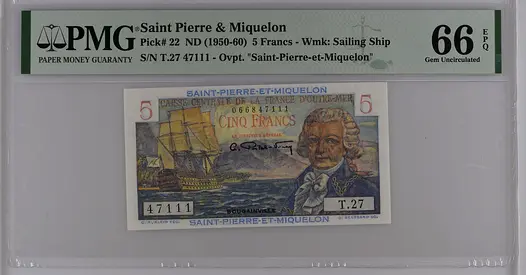 SAINT PIERRE & MIQUELON 5 FRANCS BANKNOTE 1950 PMG 66