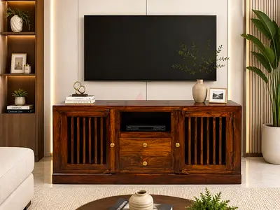 Pottery barn Solid Wood TV Console Cabinet with Slatted Doors - Dark Teak Finish