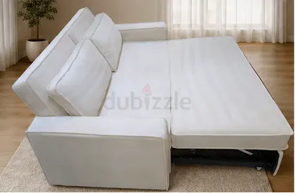 Light beige fabric sofa bed, convertible 2 seater in good condition