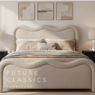 Cream Curved Upholstered Double Bed with Headboard