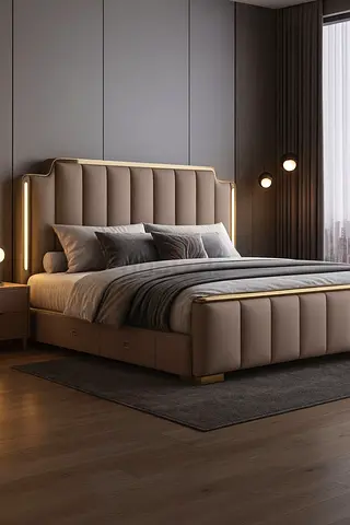 King size upholstered bed with storage - beige modern design