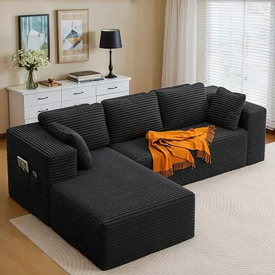 Black ribbed fabric square arms 6 seater sofa