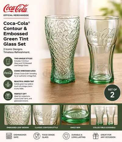 Set of 2 Coca-Cola Embossed Contour Green Glasses