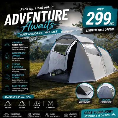 4-Person Waterproof Family Camping Tent - Spacious, Easy Carry