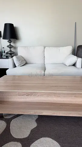 Light grey 2-seater sofa with cushions and wooden coffee table