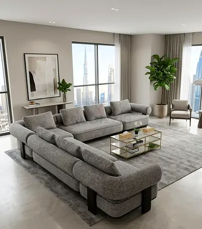 Large Modern Grey Sectional Sofa with Cushions - Spacious Corner Sofa