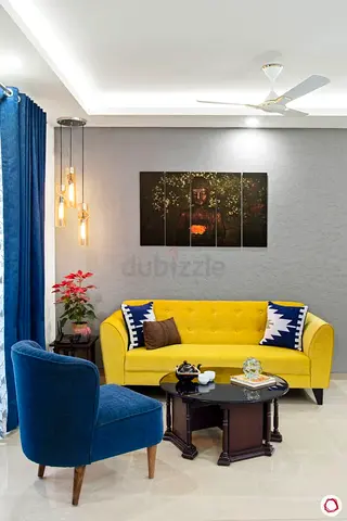 Yellow 3-seater Sofa with Blue Accent Chair