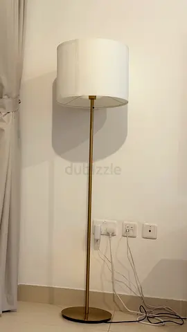IKEA floor lamp with white drum shade and brass stand - good condition