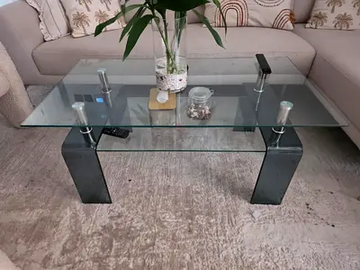 Glass Top Coffee Table with Black Curved Legs - Modern Design