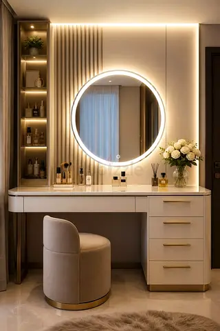 Modern illuminated vanity table with mirror and stool - cream/gold