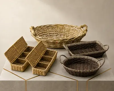 Set of Woven Rattan & Seagrass Storage Baskets (5 pieces)