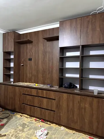 Custom built-in walnut wall unit with shelves and drawers - excellent condition