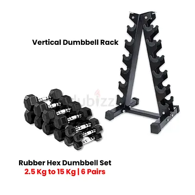 Hex Dumbbells Set 2.5 Kg to 15 Kg with Vertical Rack - Bundle Offer