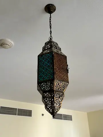 Antique-style Moroccan Hanging Lantern — Brass & Colored Glass