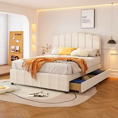 Modern Upholstered Bed Frame with Storage Drawers and Scalloped Headboard
