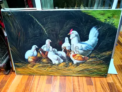 Oil Painting of Hen and Chicks on Canvas-94x64cm