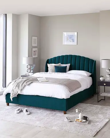 Teal Upholstered Double Bed with Velvet Headboard