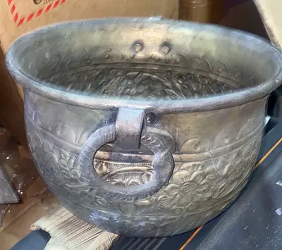 Antique Decorative Brass Planter/Urn with Floral Relief and Ring Handles