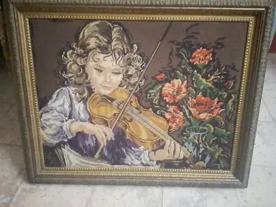 Framed Needlepoint Tapestry of Girl Playing Violin – Vintage Decorative Art.........................
